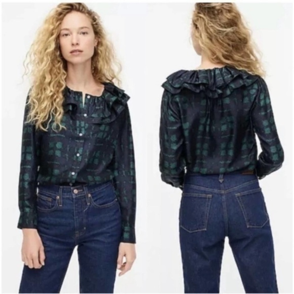 NWT J. Crew Silk Ruffled Navy & Green Long Sleeve Blouse